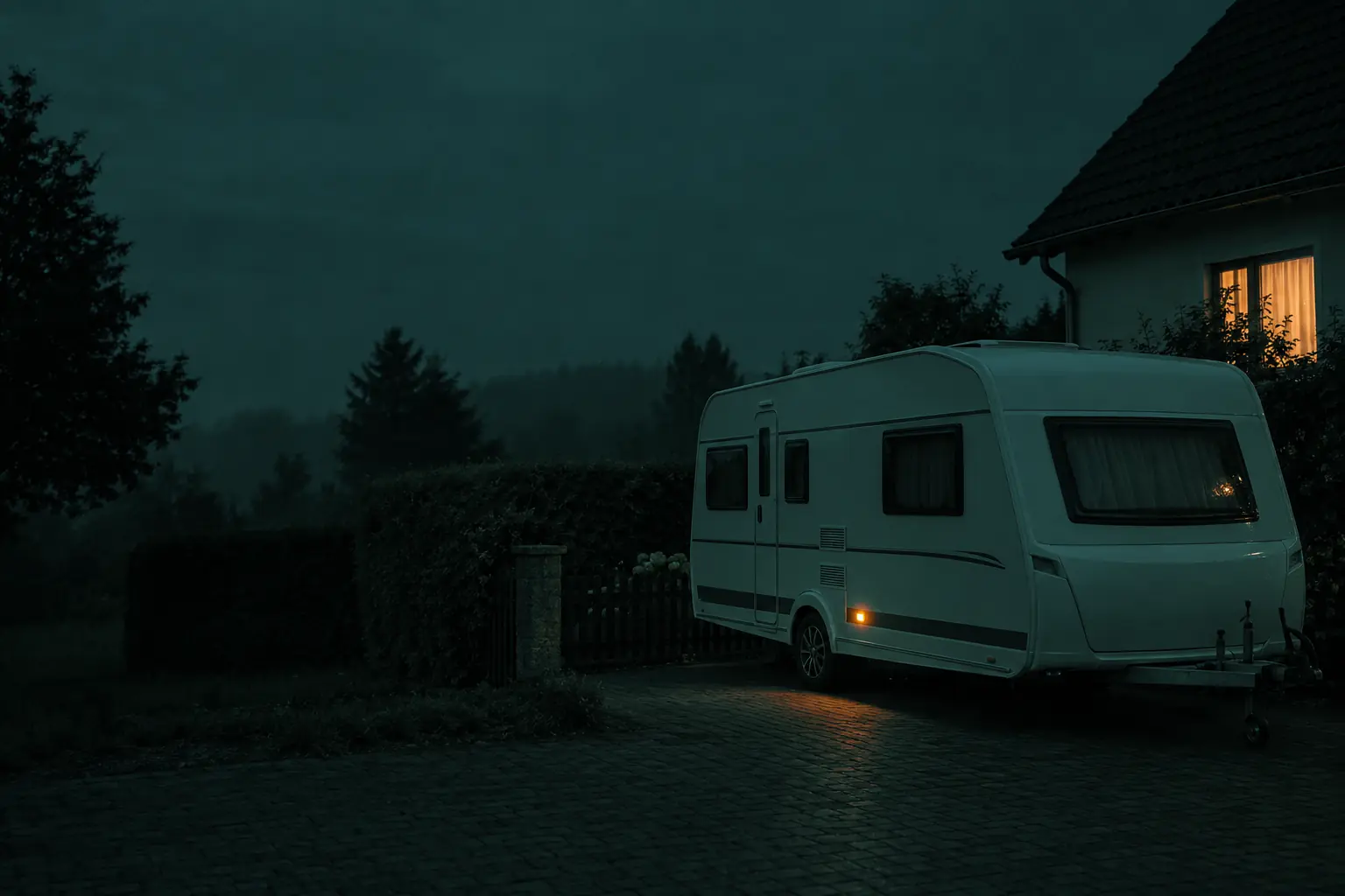 Ein Wohnwagen steht nachts in der Einfahrt eines Einfamilienhauses, im Haus brennt ein Fenster.