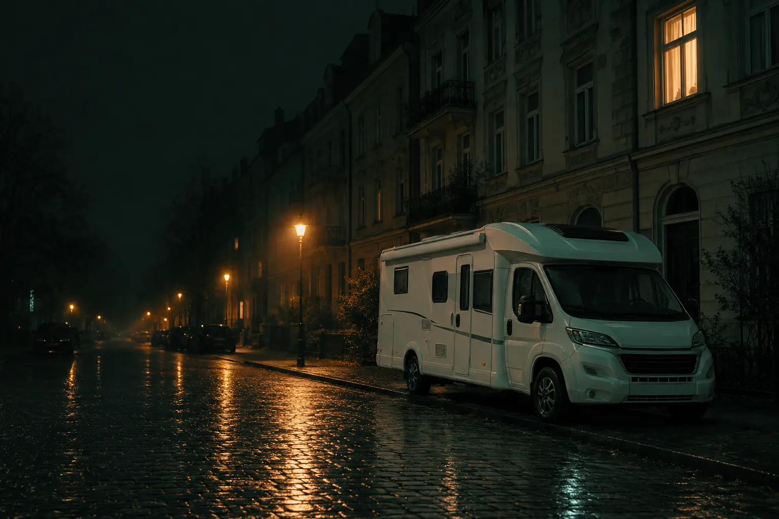 Ein Wohnmobil steht nachts in einer Altbaustraße am Straßenrand, das Pflaster glänzt im Licht der Laternen.