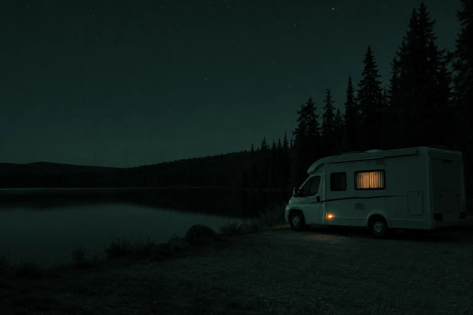 Ein Wohnmobil steht nachts allein an einem See, hinter dem Vorhang brennt Licht.