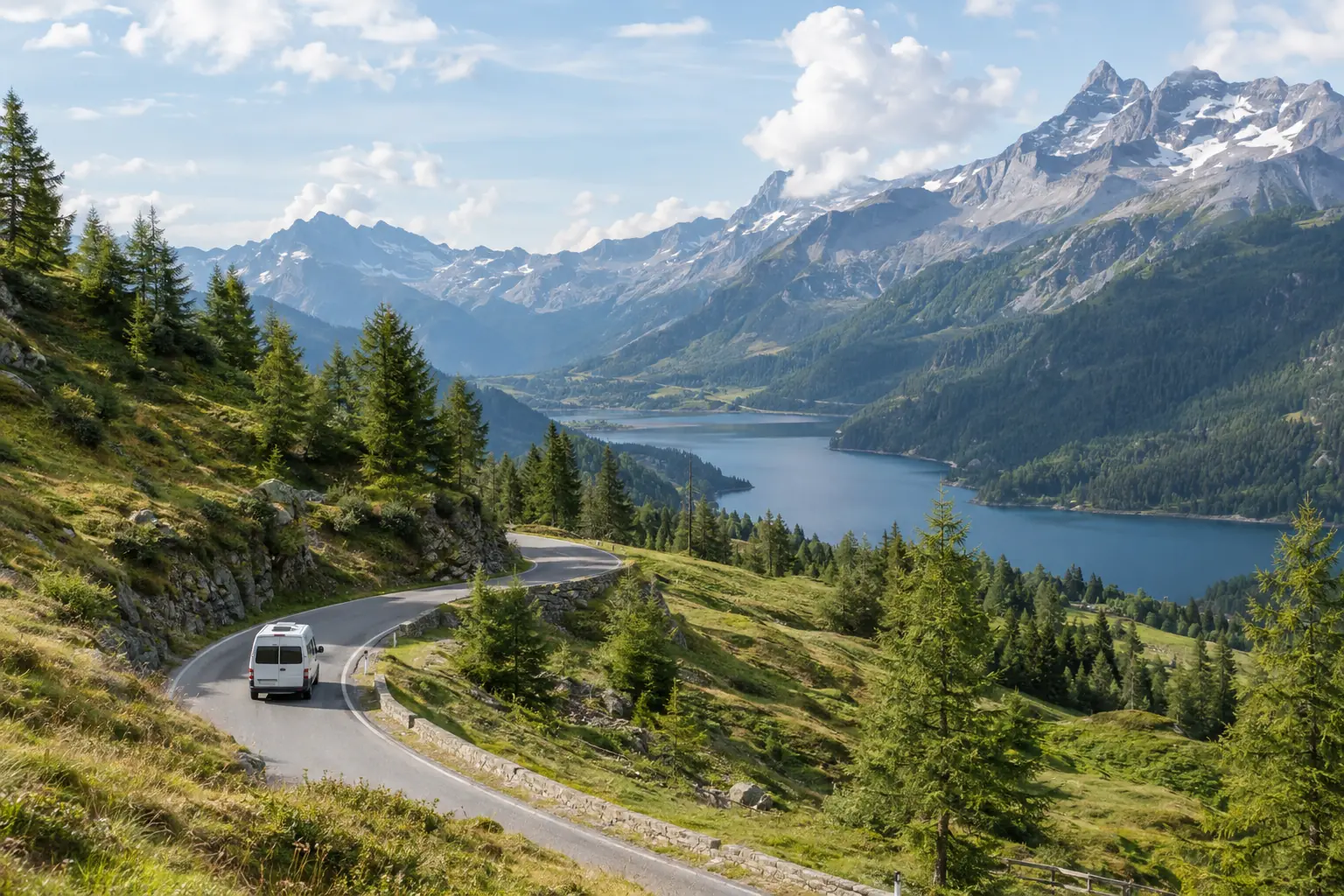 Ein Campervan fährt auf einer kurvigen Bergstraße in den Alpen, unten liegt ein See.