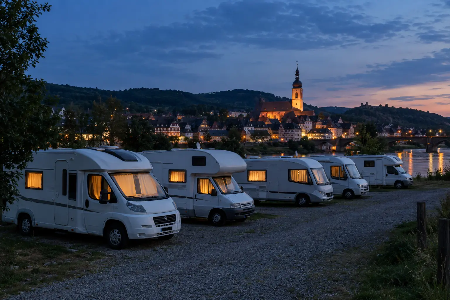 Mehrere Wohnmobile stehen am Abend auf einem Stellplatz am Rand einer kleinen Stadt am Fluss.