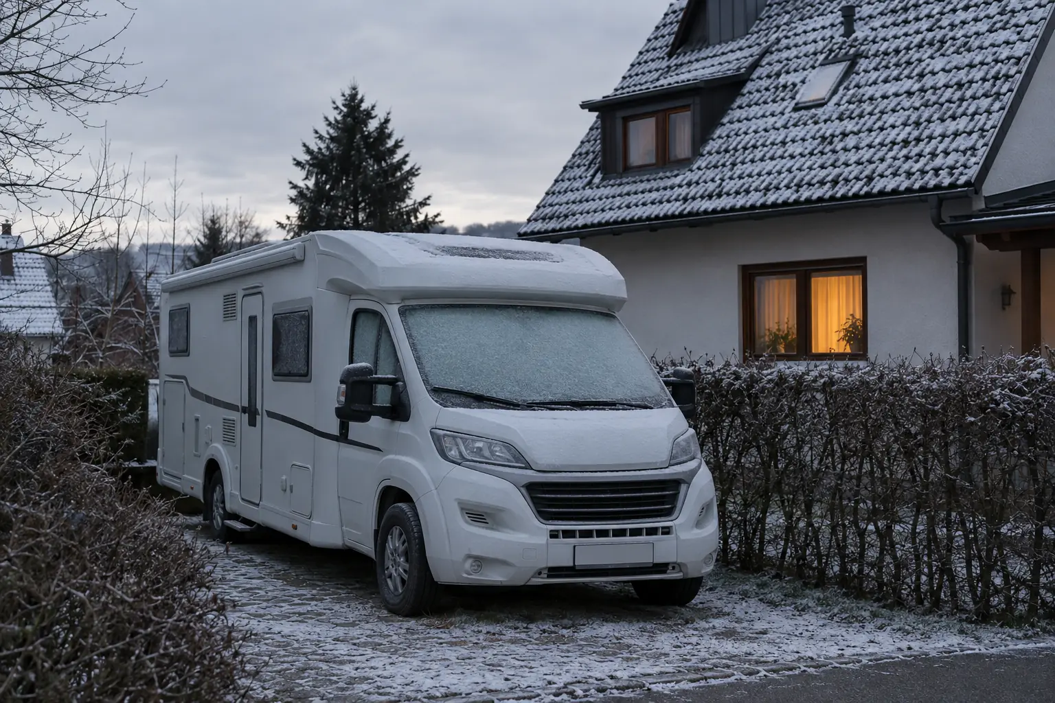 Ein Wohnmobil steht im Winter neben einem Einfamilienhaus, auf dem Dach liegt etwas Schnee.